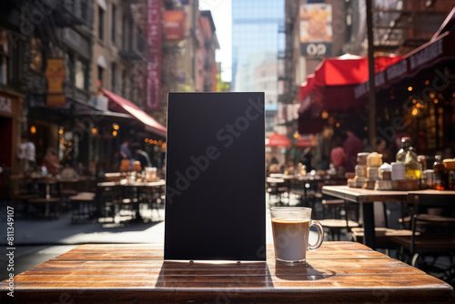 Blank blackboard near outdoor restaurant on pavement street of city on blurry background. Mock up board for menu, text or advertising
