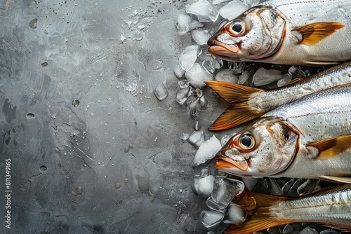Fresh, raw, whole sea fish with ice cubes top view on gray concrete background with copy space