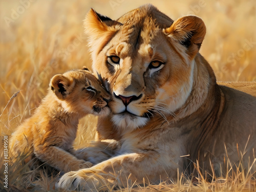 Majestic lioness cradles her playful cub  radiating love.