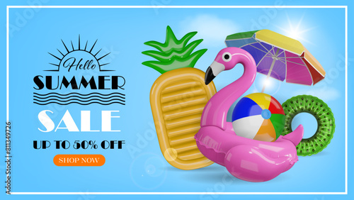 summer sale banner with beach umbrella and inflatables