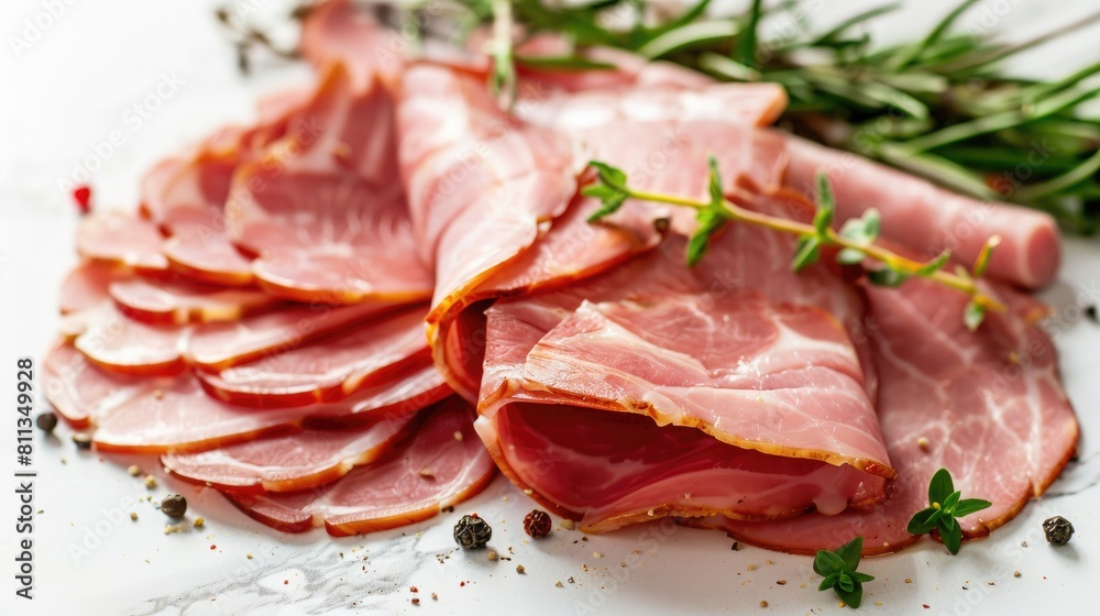 Sliced ham displayed against a white backdrop Sliced ham displayed against a white backdrop