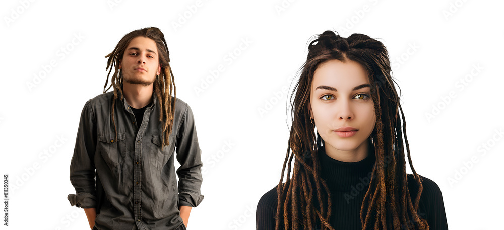 Closeup Portrait of Dreadlock Hair Set on Hipster Man and Woman, Isolated on Transparent Background, PNG