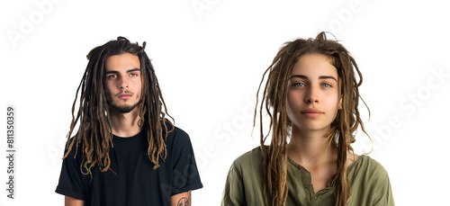 Hipster Man and Woman in Closeup Portrait with Set of Dreadlocks, Isolated on Transparent Background, PNG