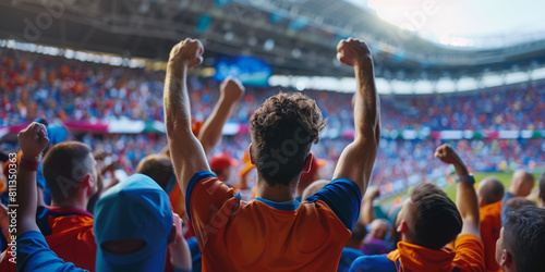 Excited sports fans cheering in a stadium, vibrant crowd during a daytime match, emotional support for their team