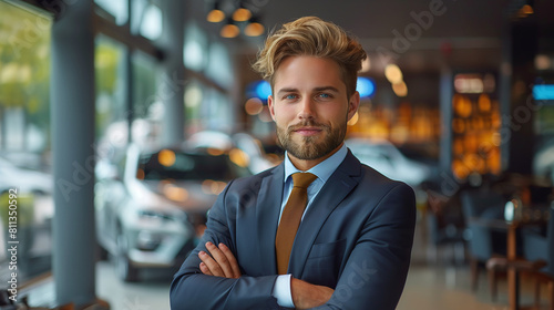 portrait of a young car salesman wearing a formal suit  in a car dealership facility