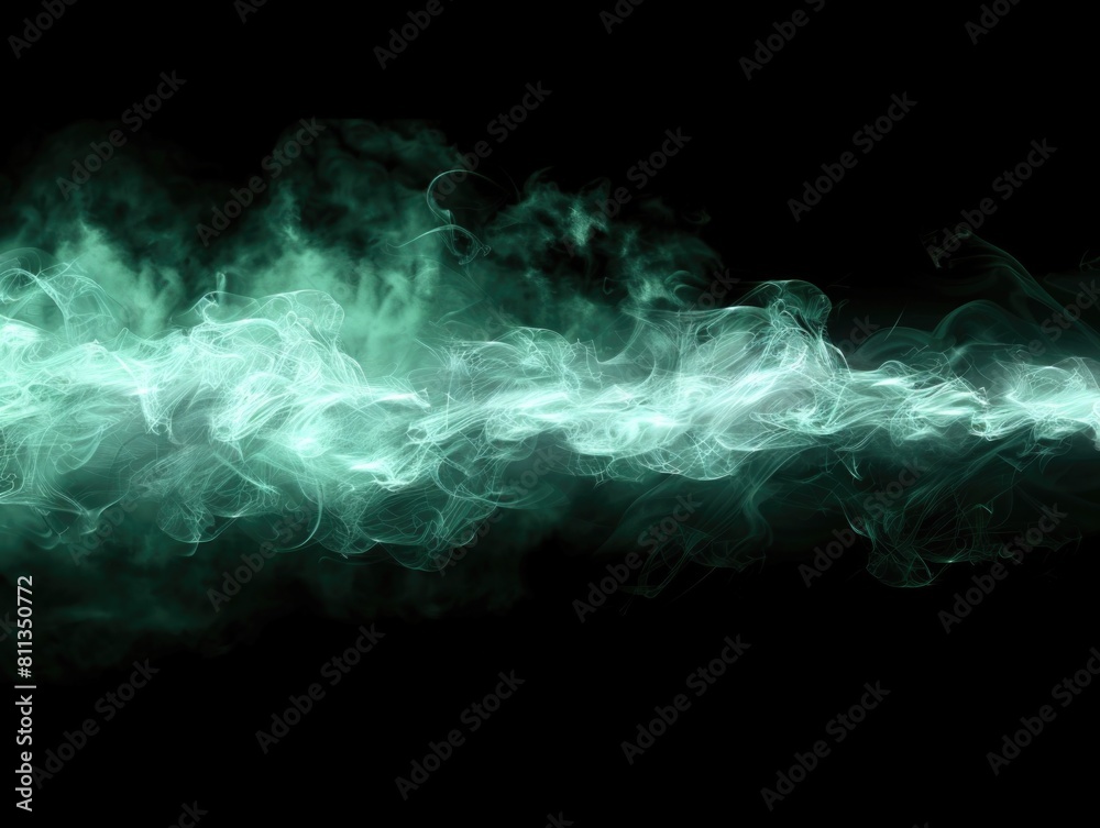 Fototapeta premium Horizontal stream of pale greenish-blue toxic smoke on a dark background. Background or wallpaper. AI generative.