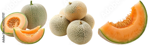 Cantaloupe melon collection, whole fruit and chopped in pieces, isolated on a transparent background photo