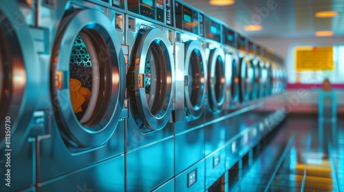 Public laundromat with sleek washing machines. High-tech laundry facility. Concept of technology, efficiency, modern public amenities.