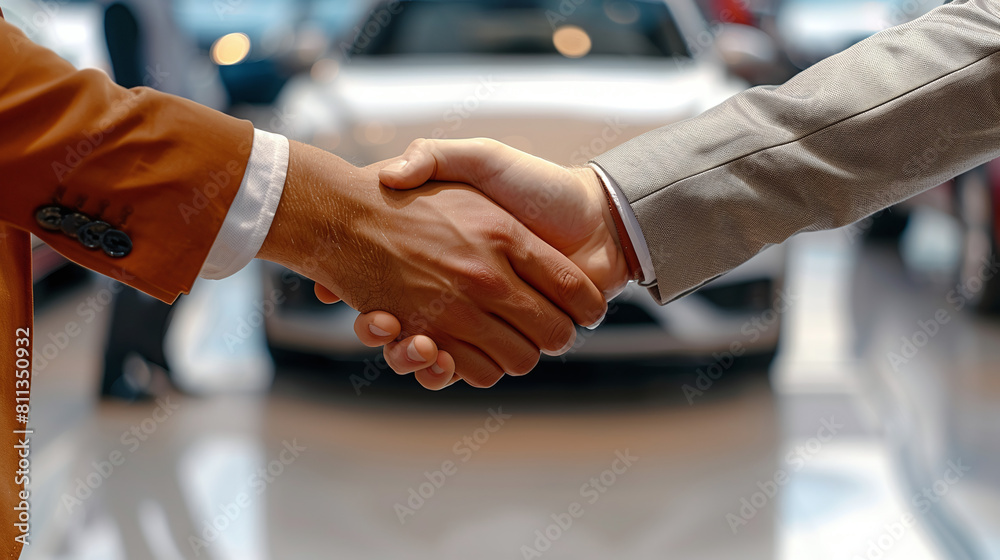 Close-up of men shaking hands in a car dealership, closing a great deal, car finance.