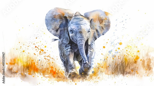 Watercolor illustration of a baby elephant with a vibrant abstract backdrop. Playful elephant art. Concept of colorful design  vibrant nursery decor  cute animal. Aquarelle