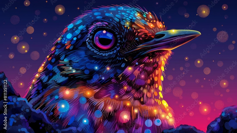 Fototapeta premium A colorful bird with dots on its face and body, AI