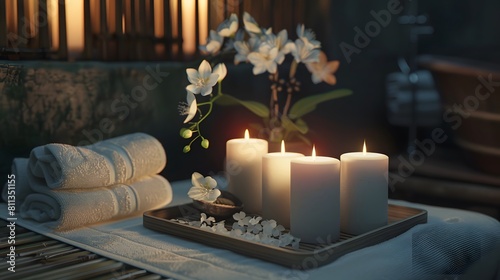 Hyacinth candles positioned neatly with organic spa decor, including bamboo trays and soft towels. Shot in 8K