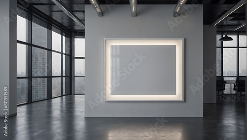billboard on the wall, blank mockup frame on wall in modern office interior design in 3d style. illustration generative ai © Mockup