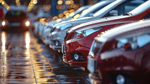 row of red abd white cars in the parking lot of a car dealership facility, mass production, second hand cars