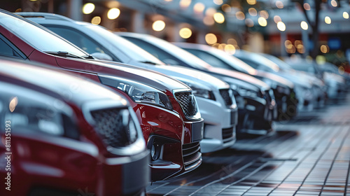 row of red abd white cars in the parking lot of a car dealership facility, mass production, second hand cars