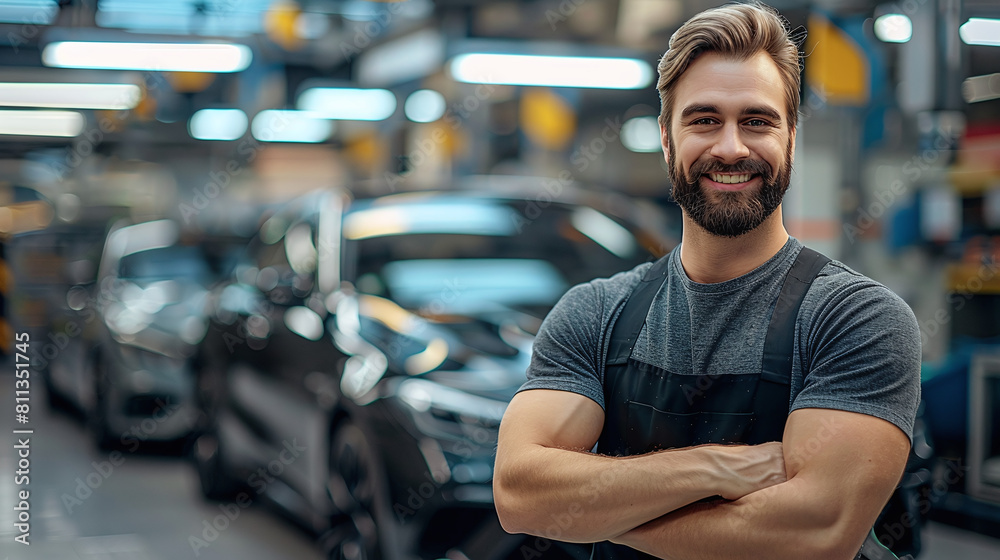 portrait of a young caucasian mechanic man in a premium car workshop or car detail shop