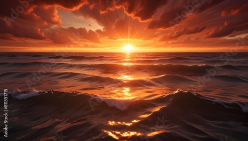 A dramatic sunset over a calm ocean, with the sun's rays reflecting off the rippling water in shades