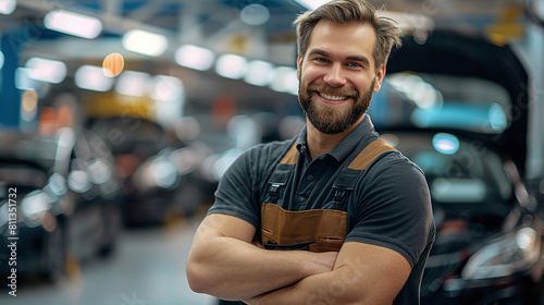 portrait of a young caucasian mechanic man in a premium car workshop or car detail shop photo