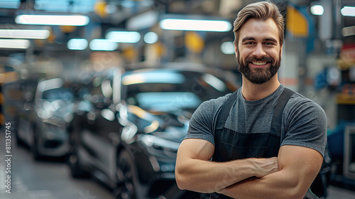 portrait of a young caucasian mechanic man in a premium car workshop or car detail shop