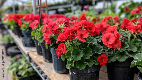 Pelargonium red flowers available for purchase at a garden store during the spring period