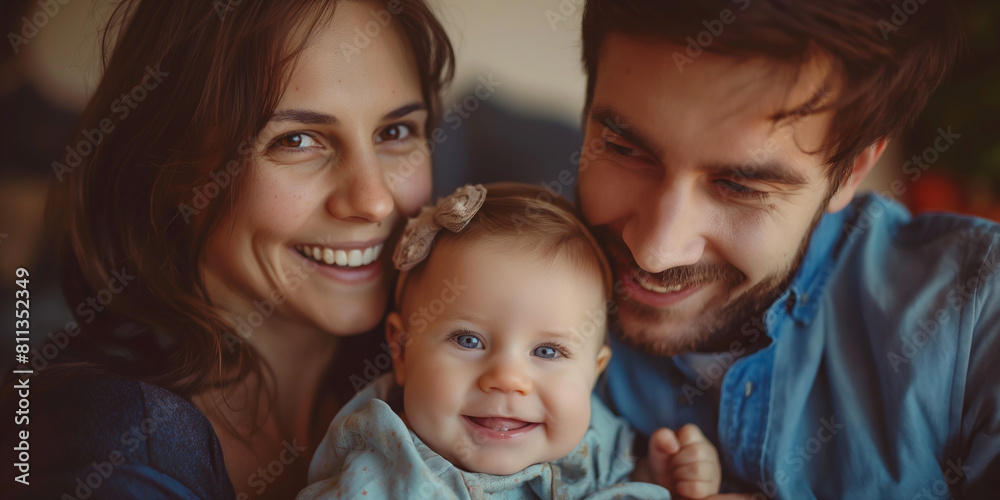Joyful family with smiling parents and child, close-up portrait in a bright, cozy home setting Joyful family with smiling parents and child, close-up portrait in a bright, cozy home setting