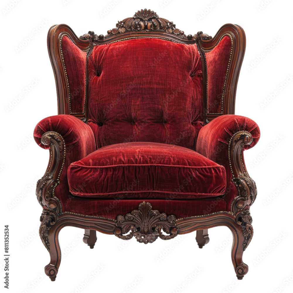 Luxurious Antique Red Velvet Armchair with Ornate Wood Carvings. Studio product photography for design and print Luxurious Antique Red Velvet Armchair with Ornate Wood Carvings. Studio product photography for design and print