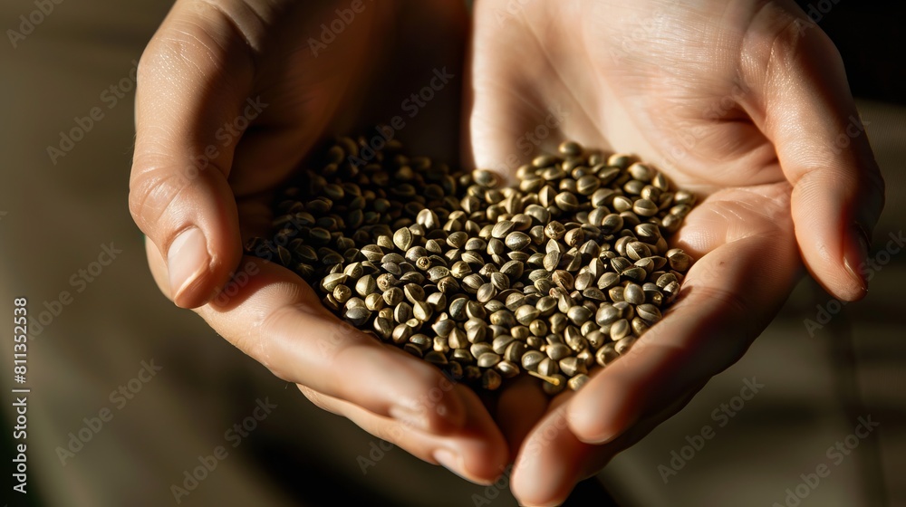 A person holding a handful of green coffee beans. A person holding a handful of green coffee beans.