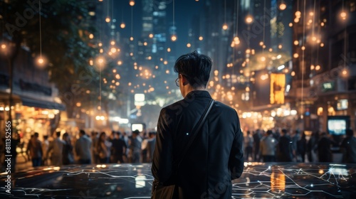 Man Standing Amid Night Cityscape