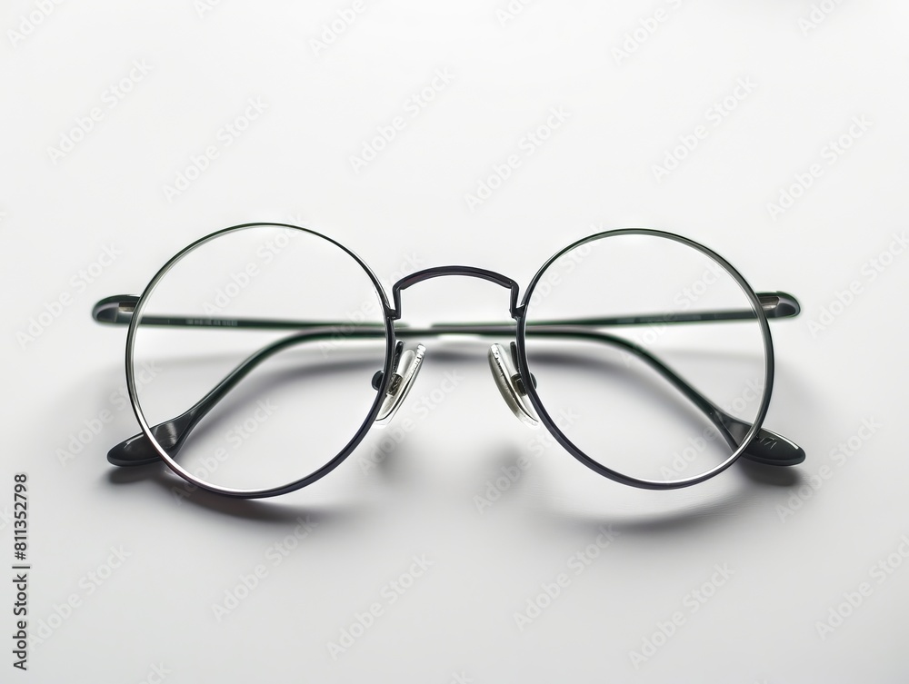A pair of glasses with green frames on a white surface. A pair of glasses with green frames on a white surface.
