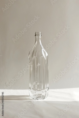 A clear glass bottle sitting on a white table.