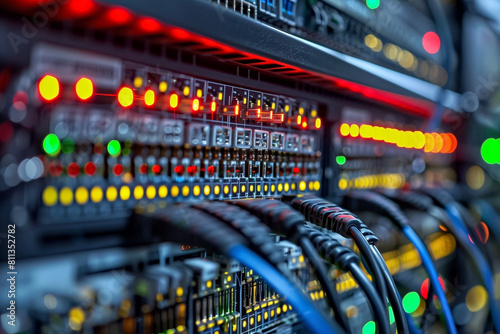 Closeup of network cables and hub in data center, technology background, selective focus, copy space photo