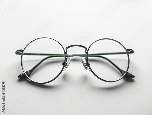A pair of glasses with green frames on a white surface.