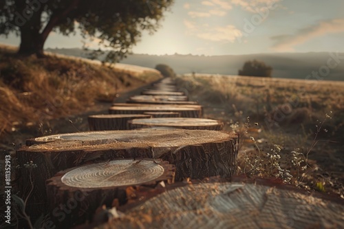 A path made of tree stumps in a field. © VISUAL BACKGROUND