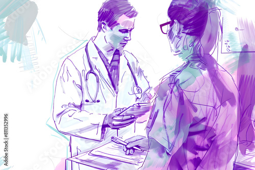 An artistic illustration of a doctor in a white coat consulting a patient in a clinical setting with purple hues
