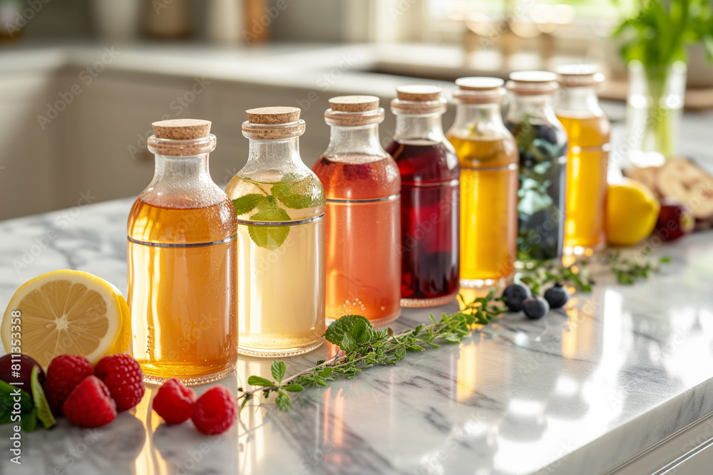 On a modern marble-topped kitchen table sits a collection of small glass bottles, each containing the fruity flavor of homemade kombucha. Fermented tea mushroom. Healthy Eating. On a modern marble-topped kitchen table sits a collection of small glass bottles, each containing the fruity flavor of homemade kombucha. Fermented tea mushroom. Healthy Eating.