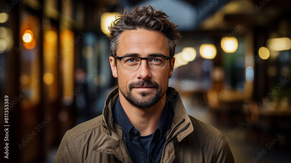 Man With Glasses and Beard Standing in Front of Building Man With Glasses and Beard Standing in Front of Building