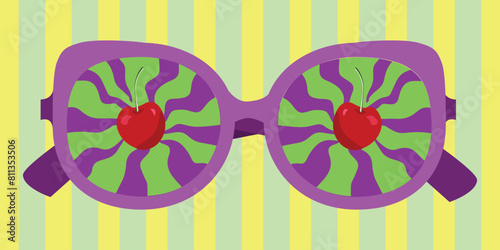 Summer sunglasses in a psychedelic style wth cherries. Optical Illusion Effect. Fluid Stripes. DOPAMINE COLORS. Waves, colored streaks. Striped background. Pink, Blue, Green. It can be used for design