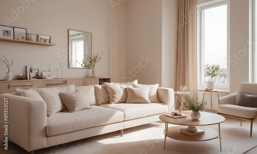 Eco-Chic Minimalist Living Room: Pearl White Interiors, Sleek Wooden Furniture