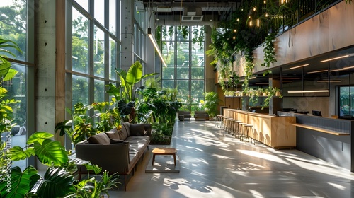 Sustainable architecture featuring floor-to-ceiling windows with natural light illuminating indoor greenery