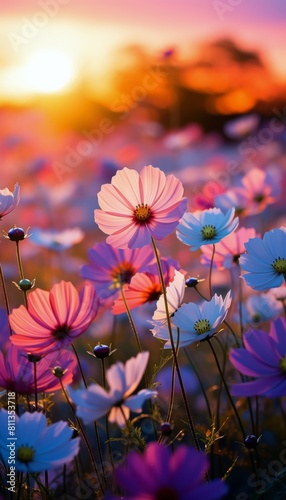 Vibrant Field of Colorful Flowers Under Blue Sky © ArtCookStudio