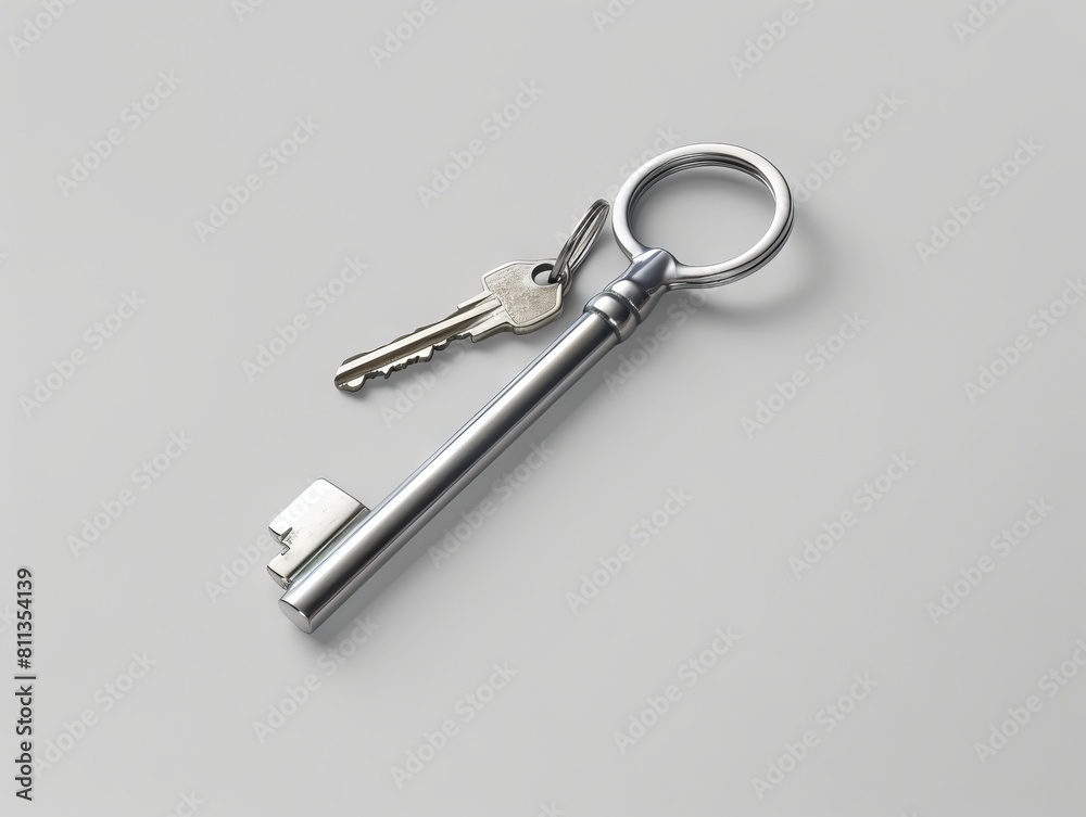 A key ring with a silver key and two keys. A key ring with a silver key and two keys.