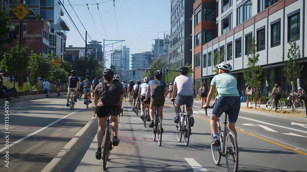 Urban commuters riding their bicycles along designated bike lanes during rush hour