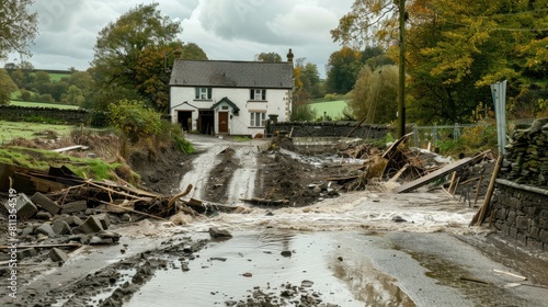 Devastation After Flood: Broken Road and Destroyed Homes