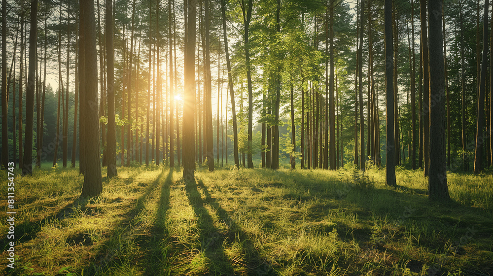 Obraz premium Sunlight filtering through tall trees in a dense forest