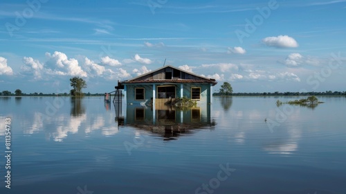 Isolated House Amidst Floodwaters. An aerial shot depicts a house almost submerged in floodwaters © Rodica
