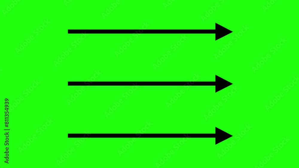 three arrows indicating 3 different points in the right direction, on a green chroma key background three arrows indicating 3 different points in the right direction, on a green chroma key background