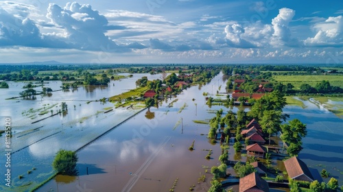 Aerial View of Widespread Flooding in Countryside. A rural area vividly illustrating extensive flooding, with water inundating roads, fields, and homes. Impact of floodwaters on a landscape