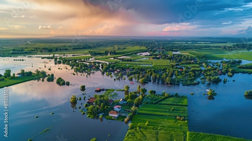 Aerial View of Widespread Flooding in Countryside. A rural area vividly illustrating extensive flooding, with water inundating roads, fields, and homes. Impact of floodwaters on a landscape © Rodica