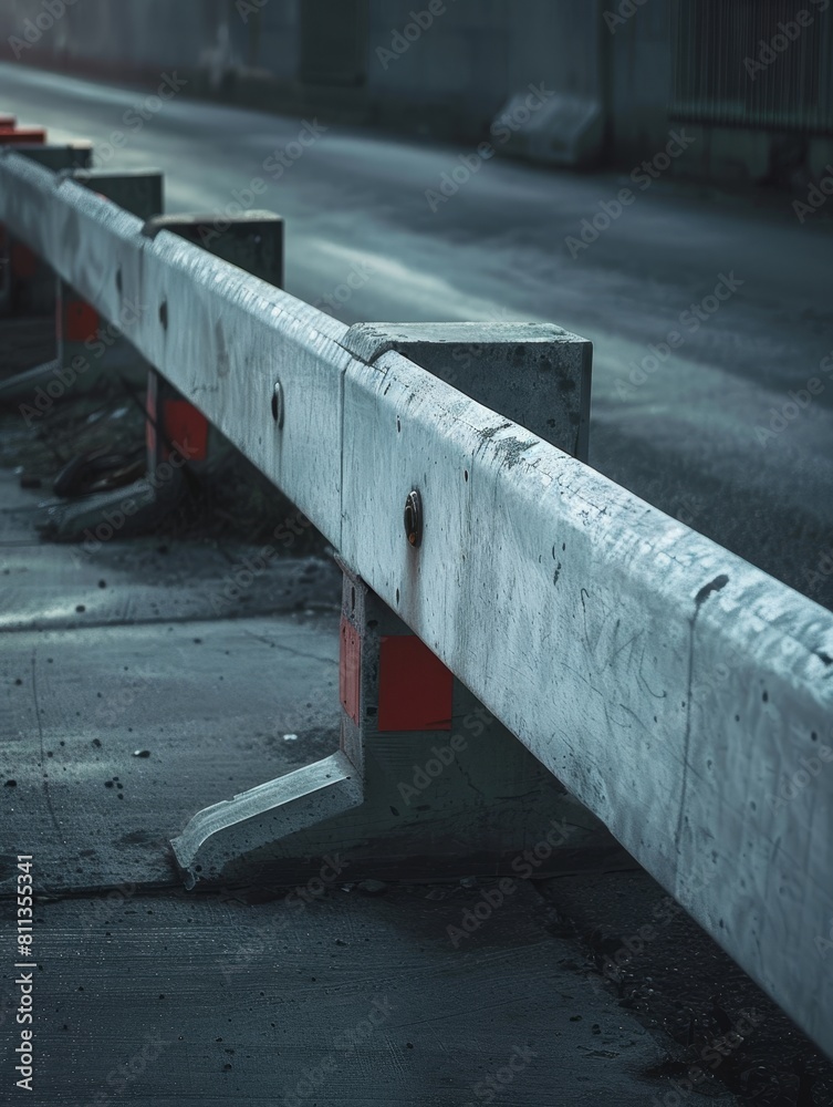Detailed close-up of a metal traffic barrier on an urban road. Detailed close-up of a metal traffic barrier on an urban road.