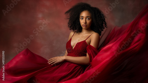 Mulher jovem, usando um vestido longo e elegante de cor vermelha vibrante. Ela possui cabelos cacheados e escuros photo